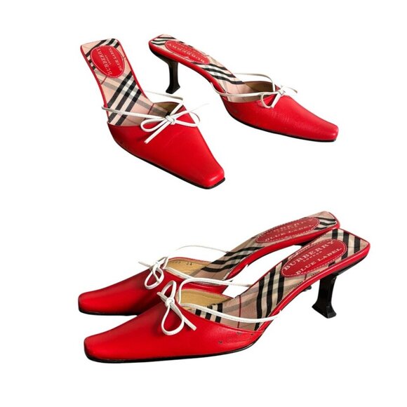 Authentic‎ BURBERRY Mules Slides Red Leather Pointed Toe Bow Kitten Heels 6.5-7 - Picture 3 of 6
